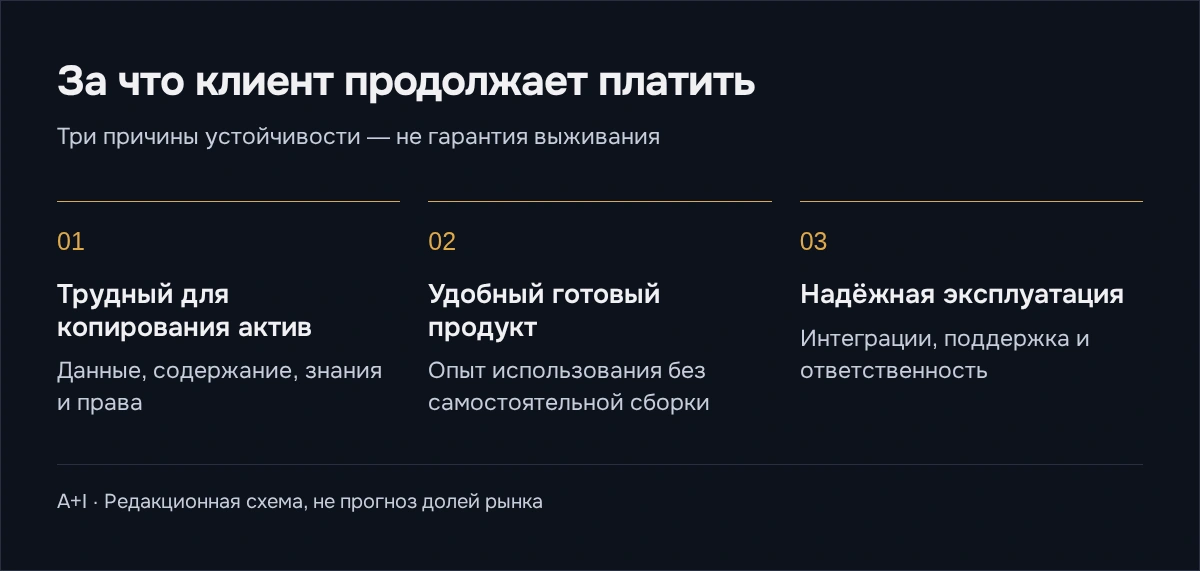 Причины платить за продукт: трудный для копирования актив, удобство готового решения и надёжная эксплуатация.